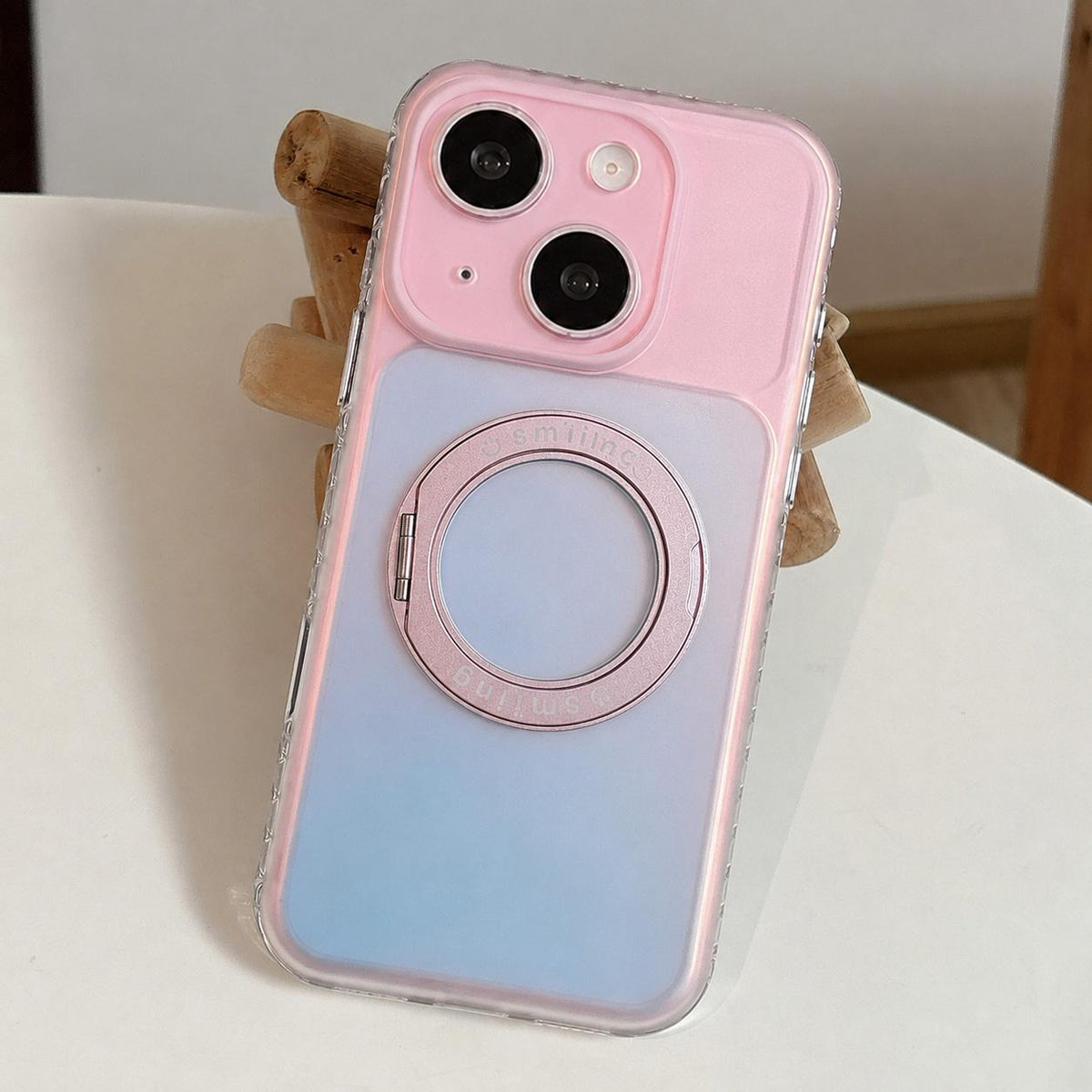 For iPhone 15 Laser 360 Rotating Kickstand Phone Case - Pink Blue - EDA009775309B