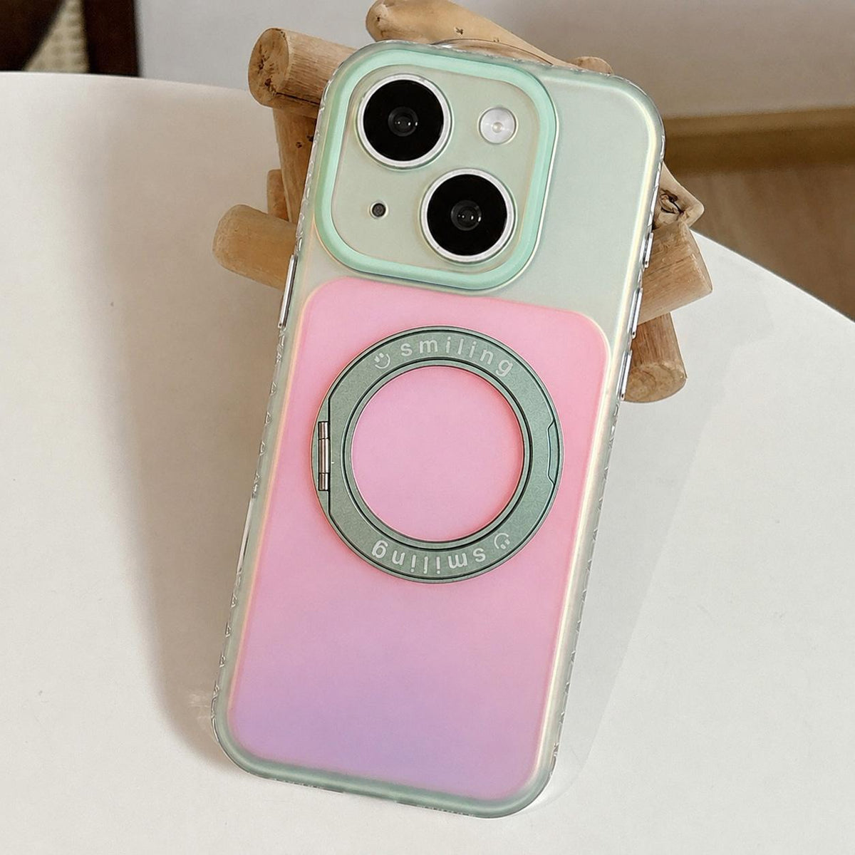 For iPhone 15 Laser 360 Rotating Kickstand Phone Case - Green Pink - EDA009775309D