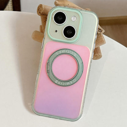 For iPhone 15 Laser 360 Rotating Kickstand Phone Case - Green Pink - EDA009775309D