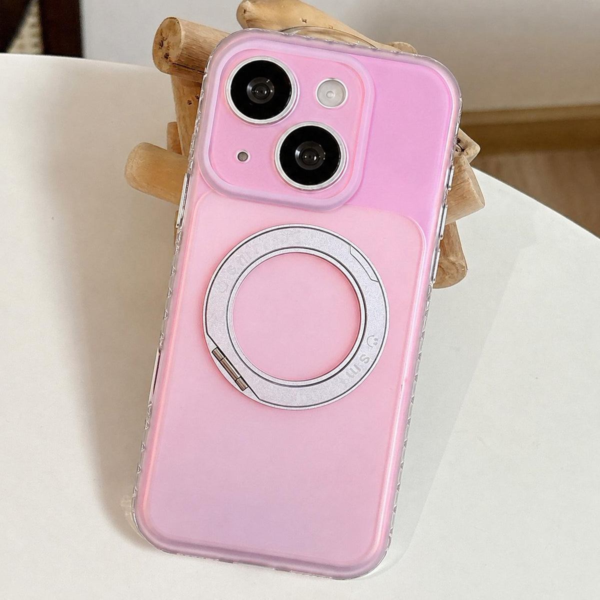For iPhone 15 Laser 360 Rotating Kickstand Phone Case - Light Pink - EDA009775309F
