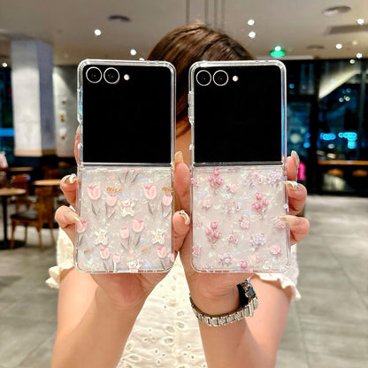 For Galaxy Z Flip8 5G Pearlescent Shell Texture Flower Pattern Phone Case - Tulip - EDA009776502A