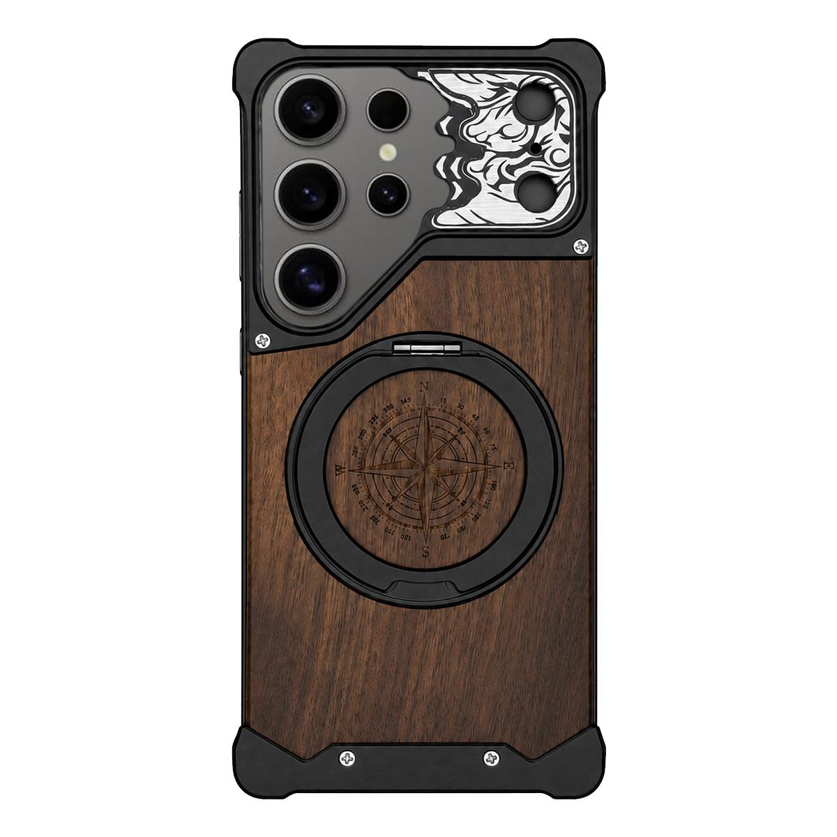 For Galaxy S24 Ultra 5G Horse-face Walnut 360 Holder Magnetic Phone Case - Black - EDA009779702C