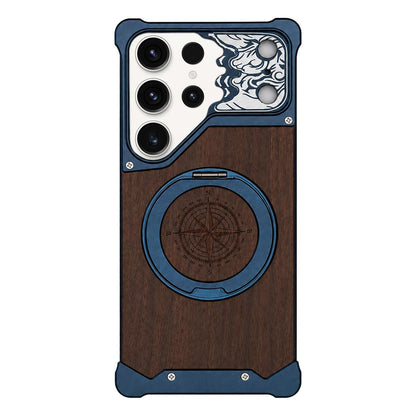 For Galaxy S24 Ultra 5G Horse-face Walnut 360 Holder Magnetic Phone Case - Titanium Blue - EDA009779702D