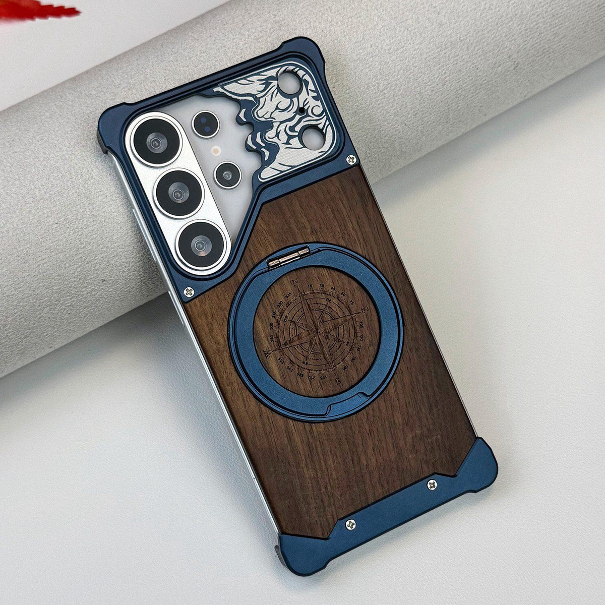 For Galaxy S24 Ultra 5G Horse-face Walnut 360 Holder Magnetic Phone Case - Titanium Blue - EDA009779702D
