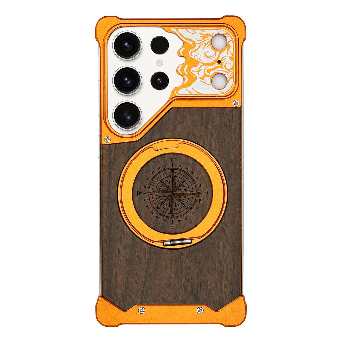 For Galaxy S23 Ultra 5G Horse-face Walnut 360 Holder Magnetic Phone Case - Orange - EDA009779703A