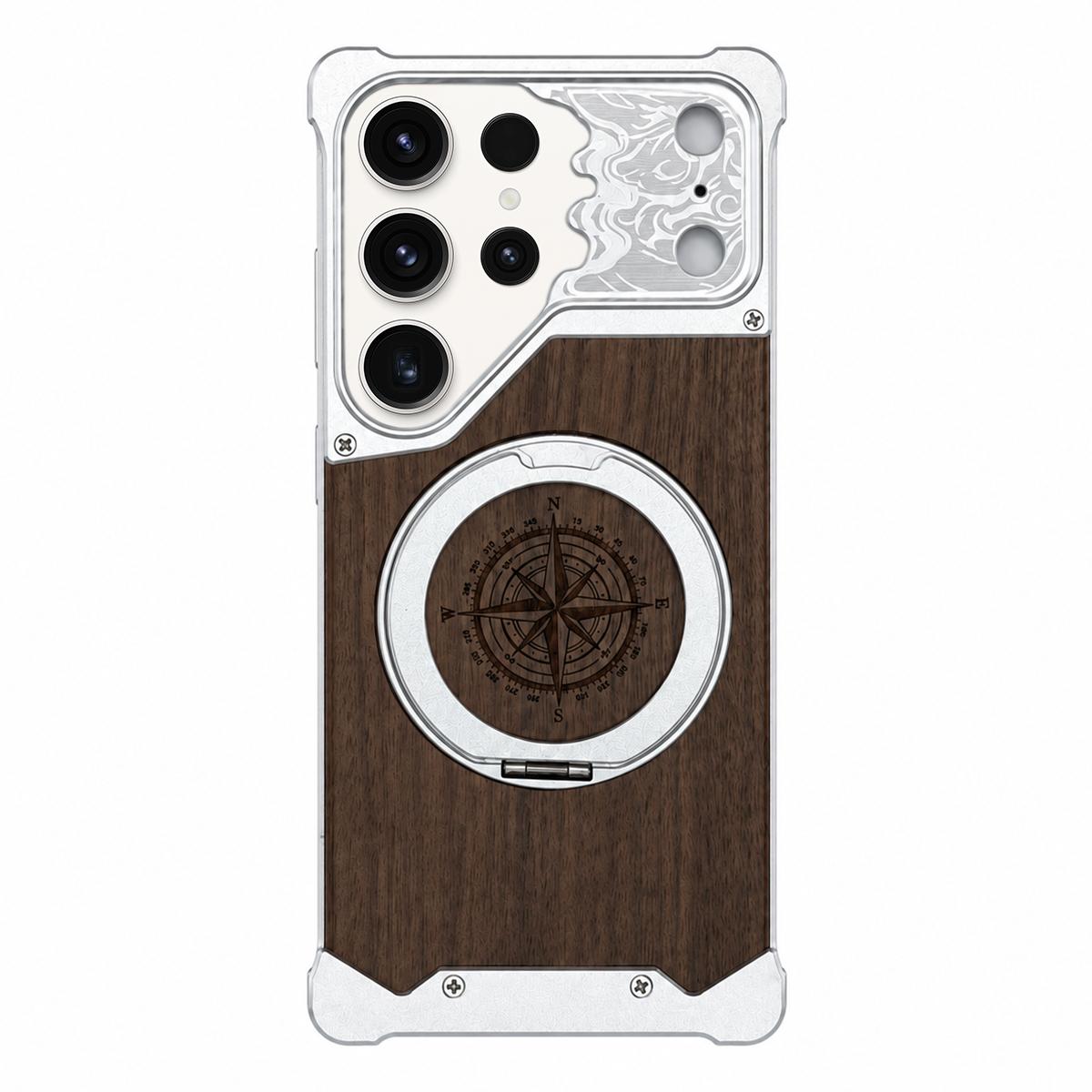 For Galaxy S23 Ultra 5G Horse-face Walnut 360 Holder Magnetic Phone Case - Silver - EDA009779703B