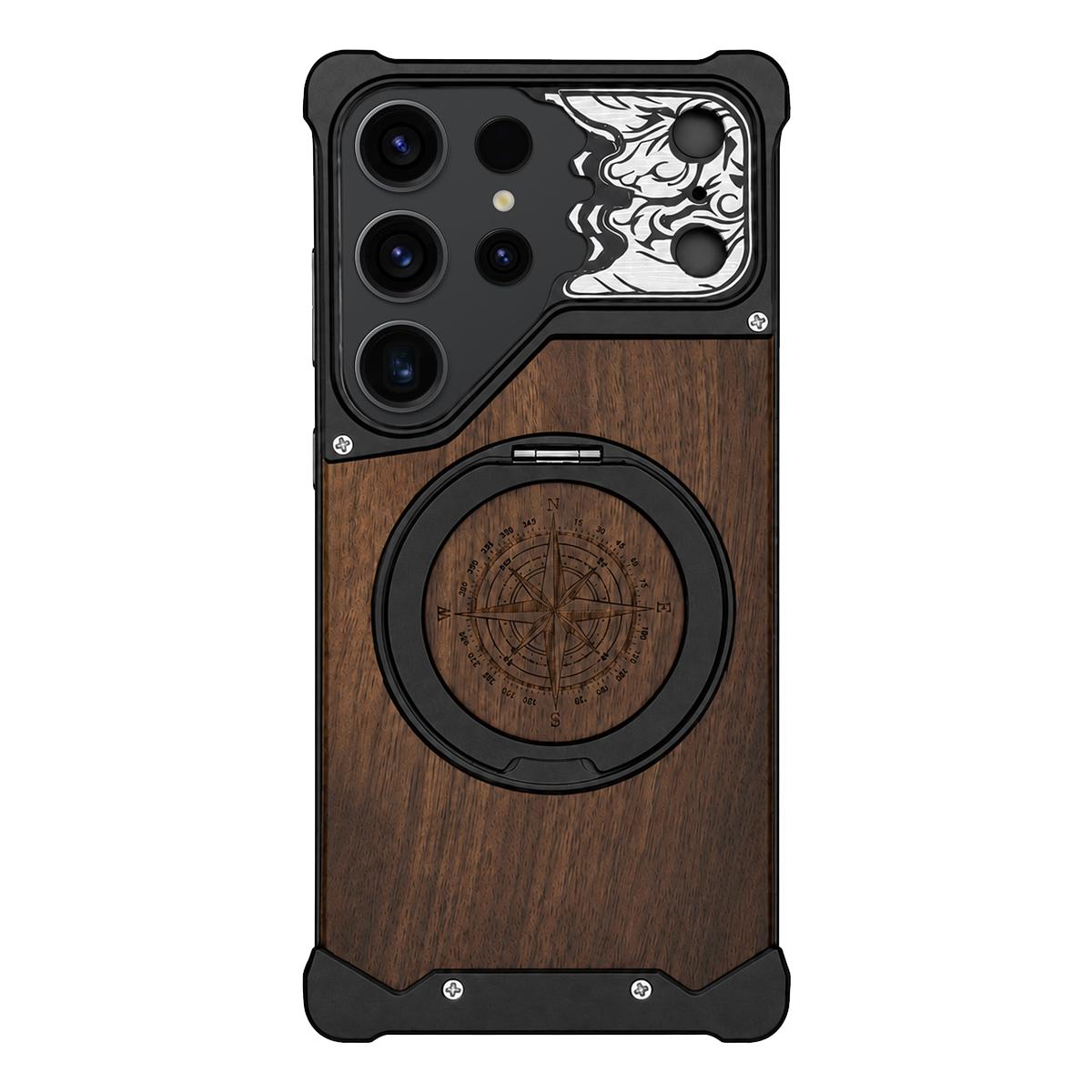 For Galaxy S23 Ultra 5G Horse-face Walnut 360 Holder Magnetic Phone Case - Black - EDA009779703C