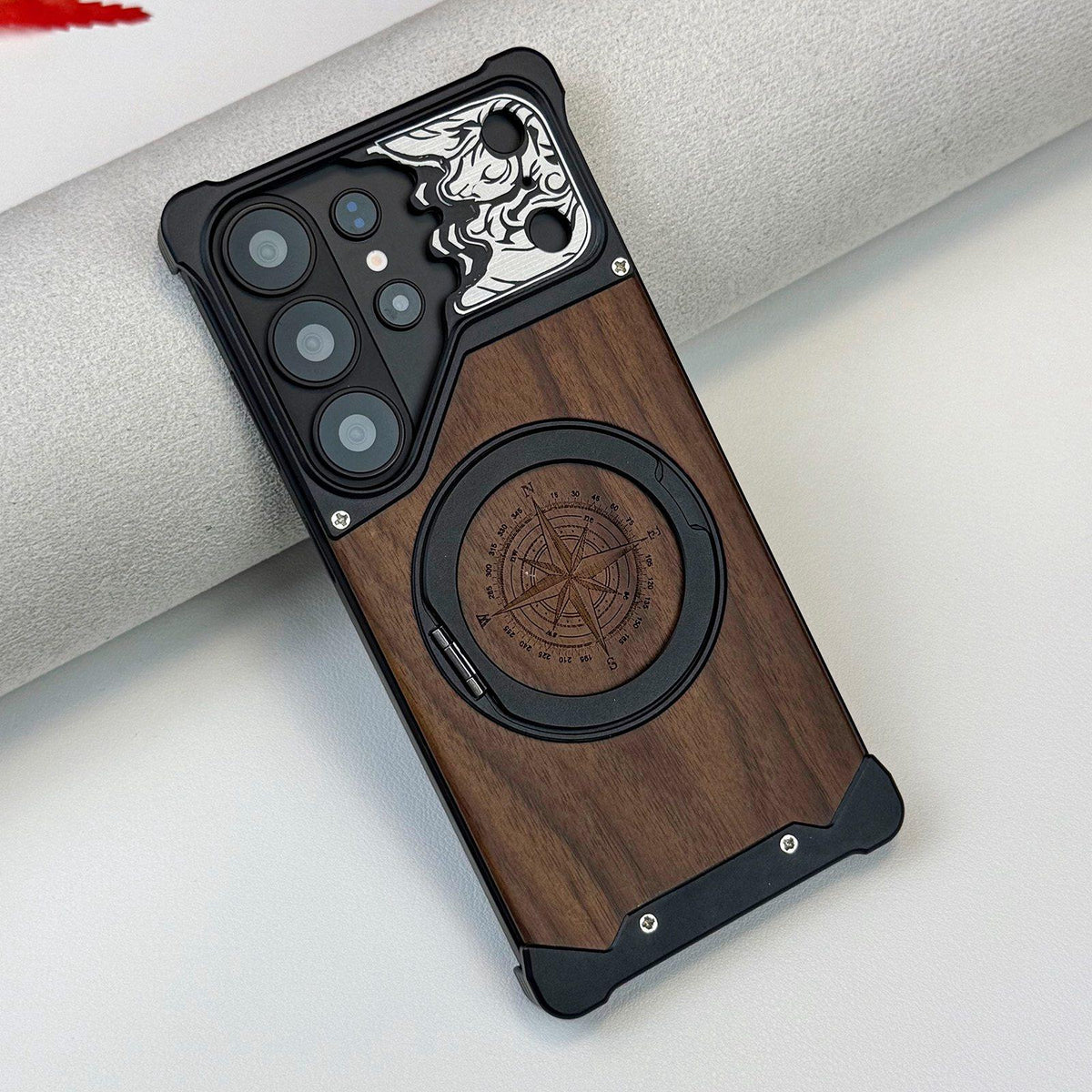 For Galaxy S23 Ultra 5G Horse-face Walnut 360 Holder Magnetic Phone Case - Black - EDA009779703C