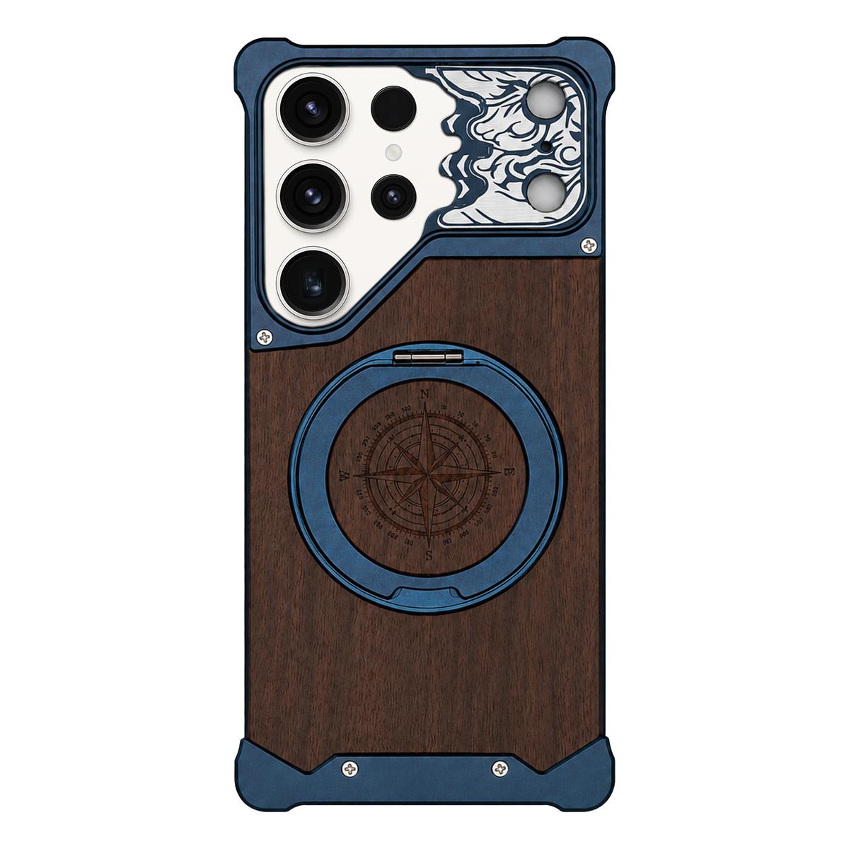 For Galaxy S23 Ultra 5G Horse-face Walnut 360 Holder Magnetic Phone Case - Titanium Blue - EDA009779703D