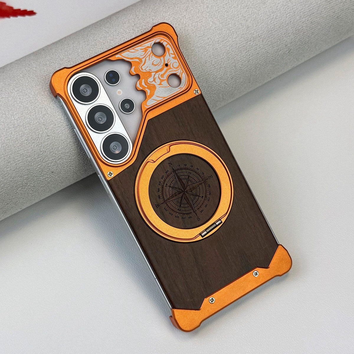 For Galaxy S22 Ultra 5G Horse-face Walnut 360 Holder Magnetic Phone Case - Orange - EDA009779704A