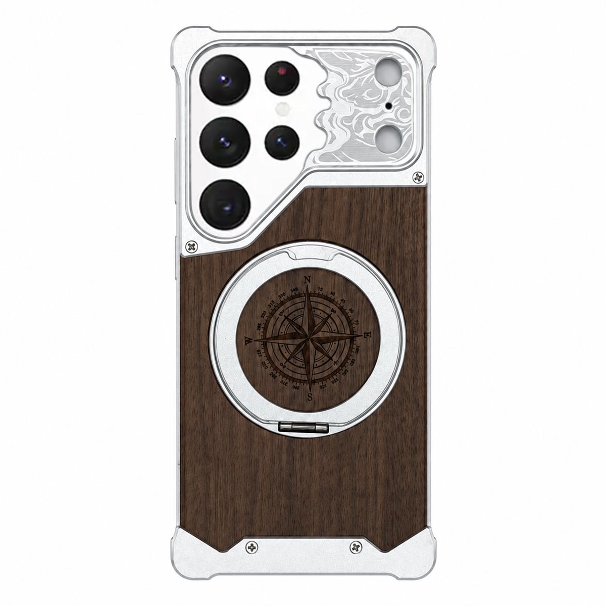 For Galaxy S22 Ultra 5G Horse-face Walnut 360 Holder Magnetic Phone Case - Silver - EDA009779704B