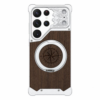 For Galaxy S22 Ultra 5G Horse-face Walnut 360 Holder Magnetic Phone Case - Silver - EDA009779704B