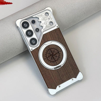 For Galaxy S22 Ultra 5G Horse-face Walnut 360 Holder Magnetic Phone Case - Silver - EDA009779704B