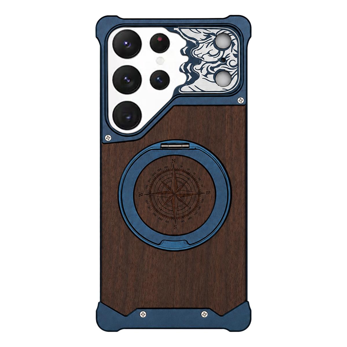 For Galaxy S22 Ultra 5G Horse-face Walnut 360 Holder Magnetic Phone Case - Titanium Blue - EDA009779704D
