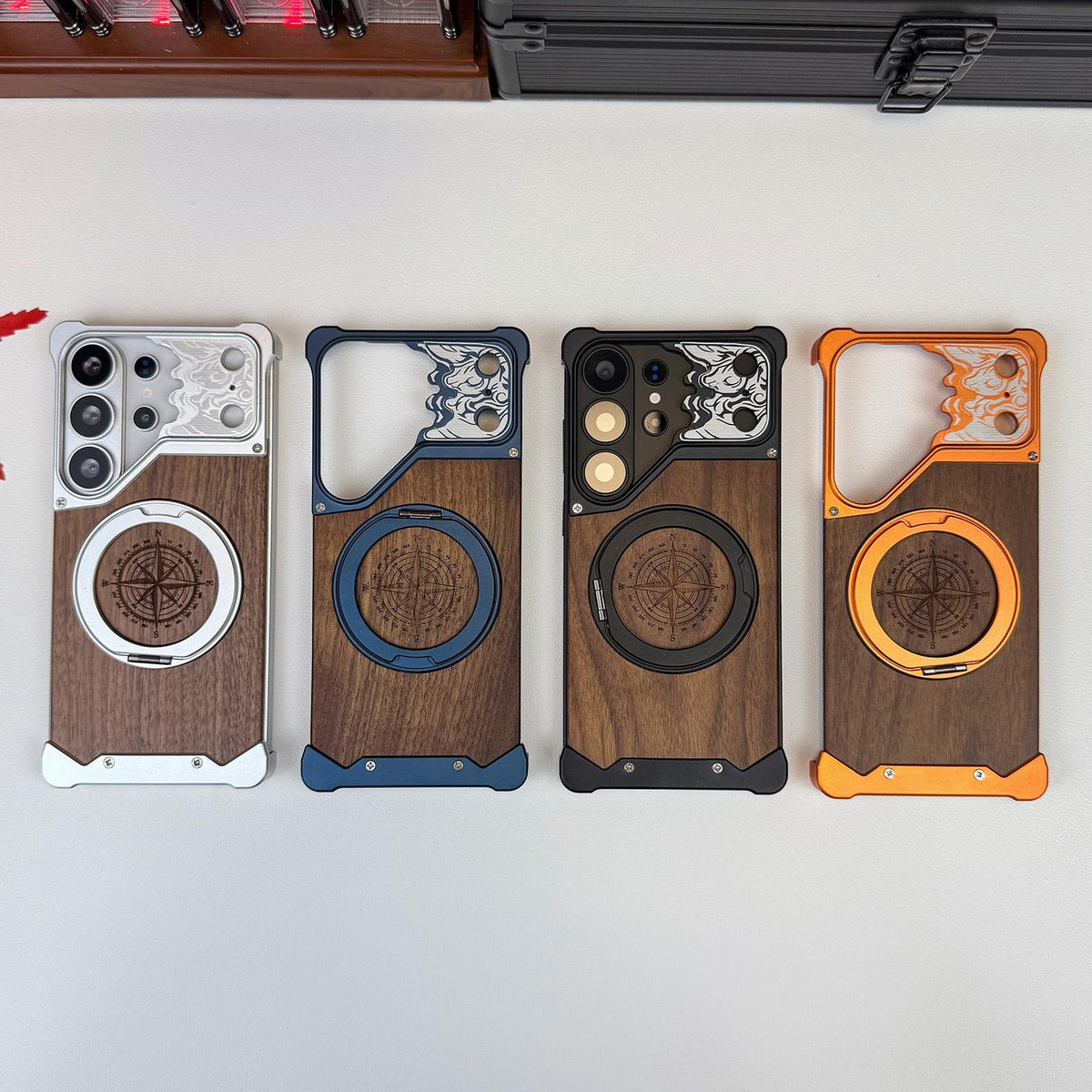 For Galaxy S22 Ultra 5G Horse-face Walnut 360 Holder Magnetic Phone Case - Orange - EDA009779704A
