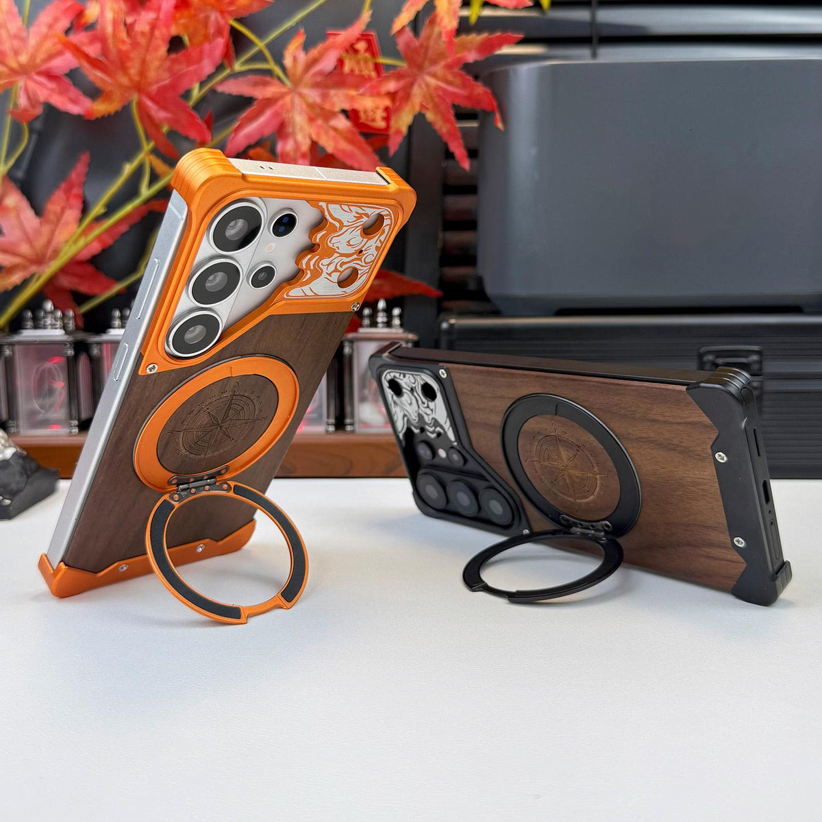 For Galaxy S24 Ultra 5G Horse-face Walnut 360 Holder Magnetic Phone Case - Titanium Blue - EDA009779702D
