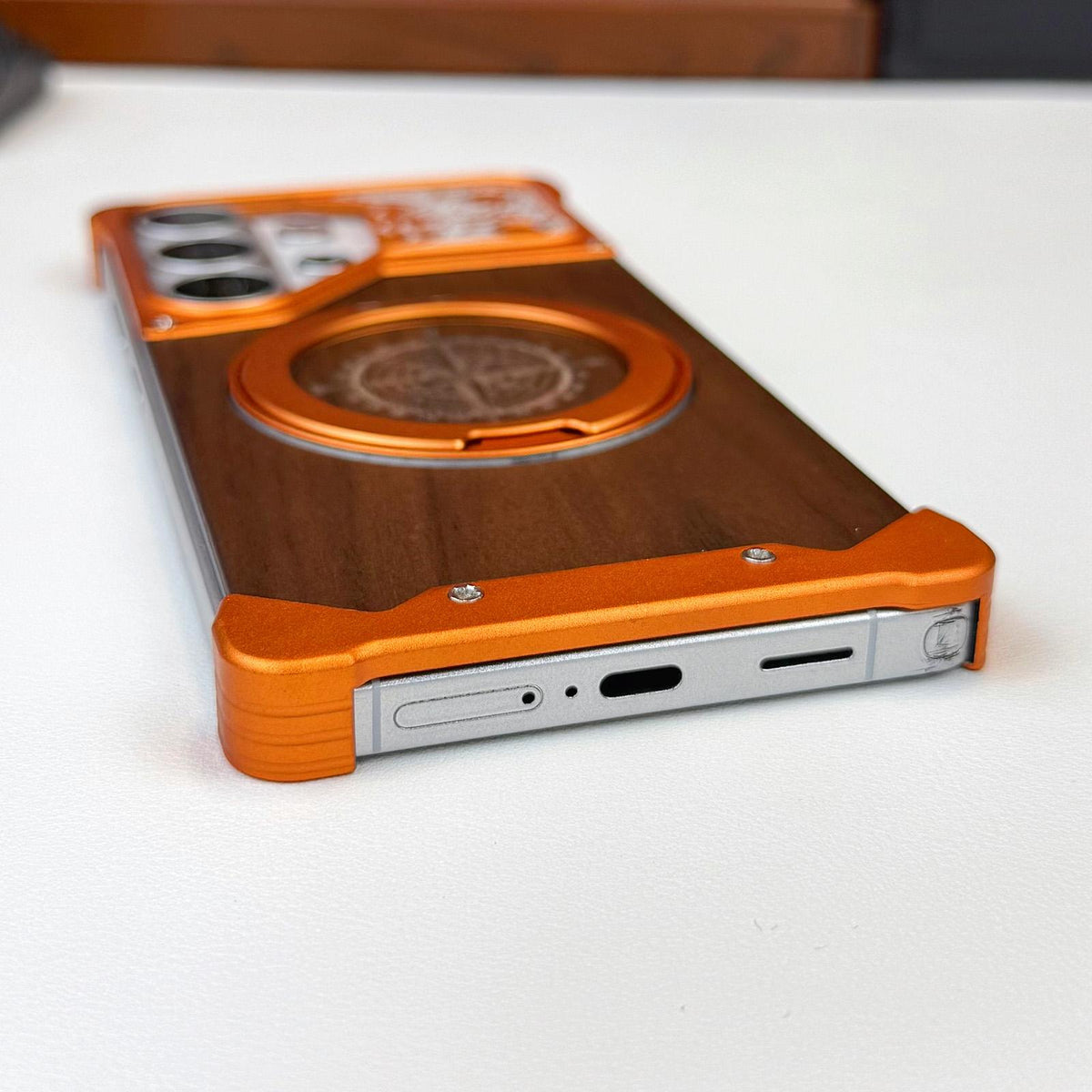 For Galaxy S23 Ultra 5G Horse-face Walnut 360 Holder Magnetic Phone Case - Titanium Blue - EDA009779703D