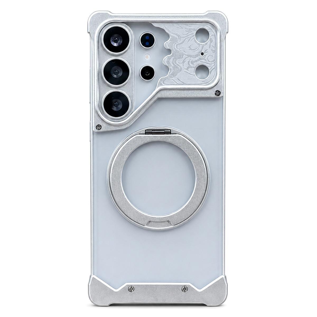 For Galaxy S26 Ultra 5G Horse-face Frosted PC 360 Holder Magnetic Phone Case - Silver - EDA009780501B