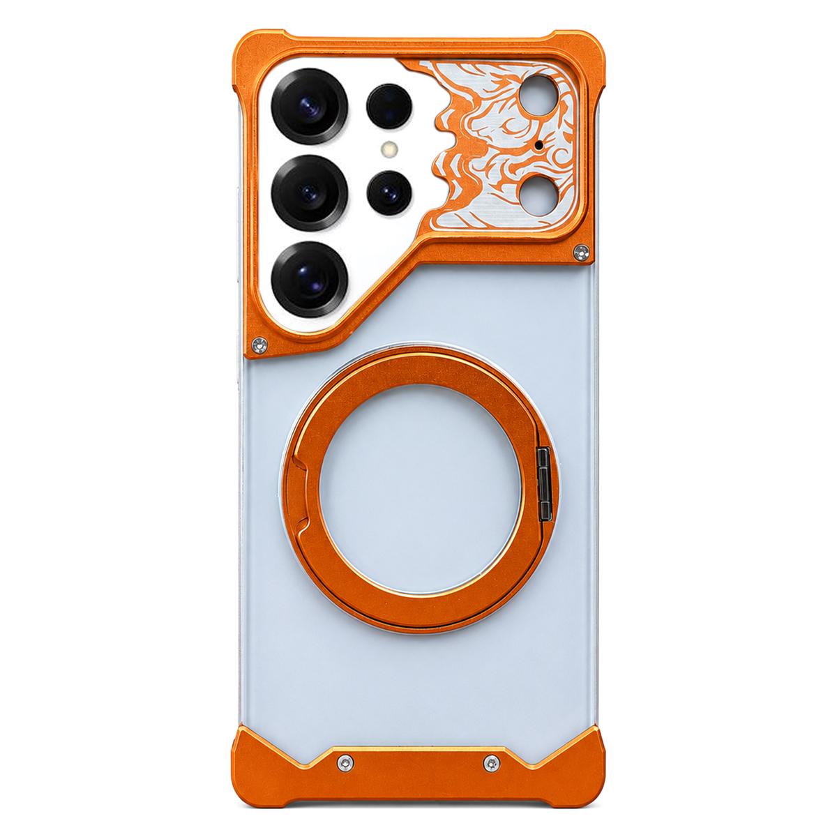 For Galaxy S25 Ultra 5G Horse-face Frosted PC 360 Holder Magnetic Phone Case - Orange - EDA009780502A