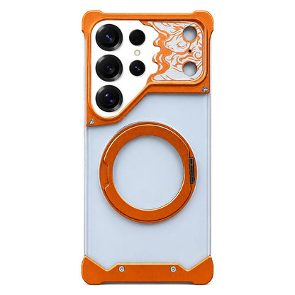 For Galaxy S25 Ultra 5G Horse-face Frosted PC 360 Holder Magnetic Phone Case - Orange - EDA009780502A