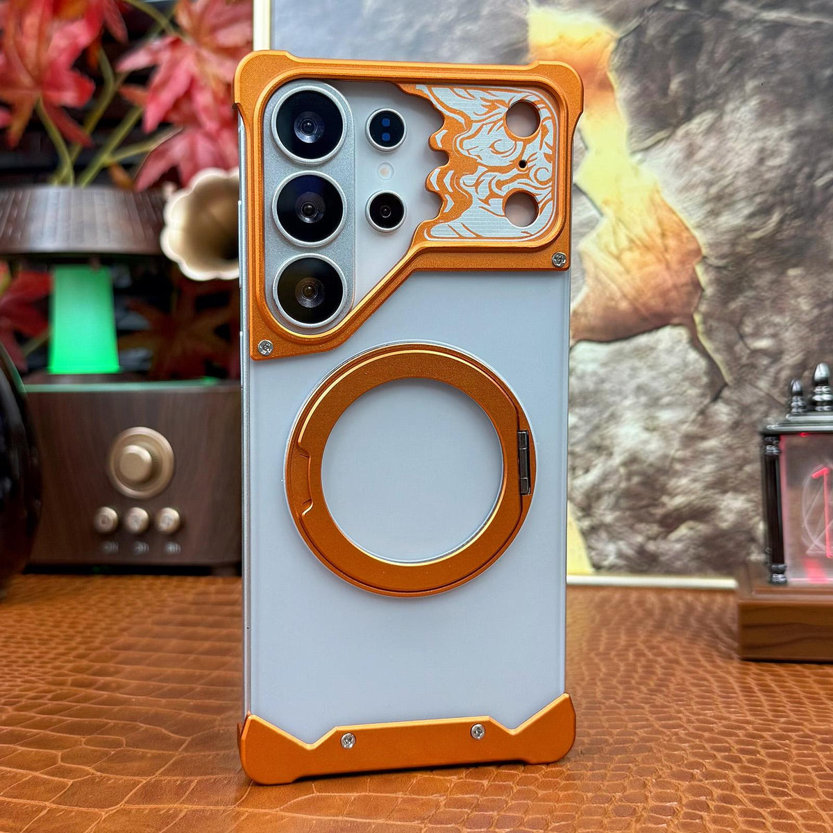 For Galaxy S25 Ultra 5G Horse-face Frosted PC 360 Holder Magnetic Phone Case - Orange - EDA009780502A