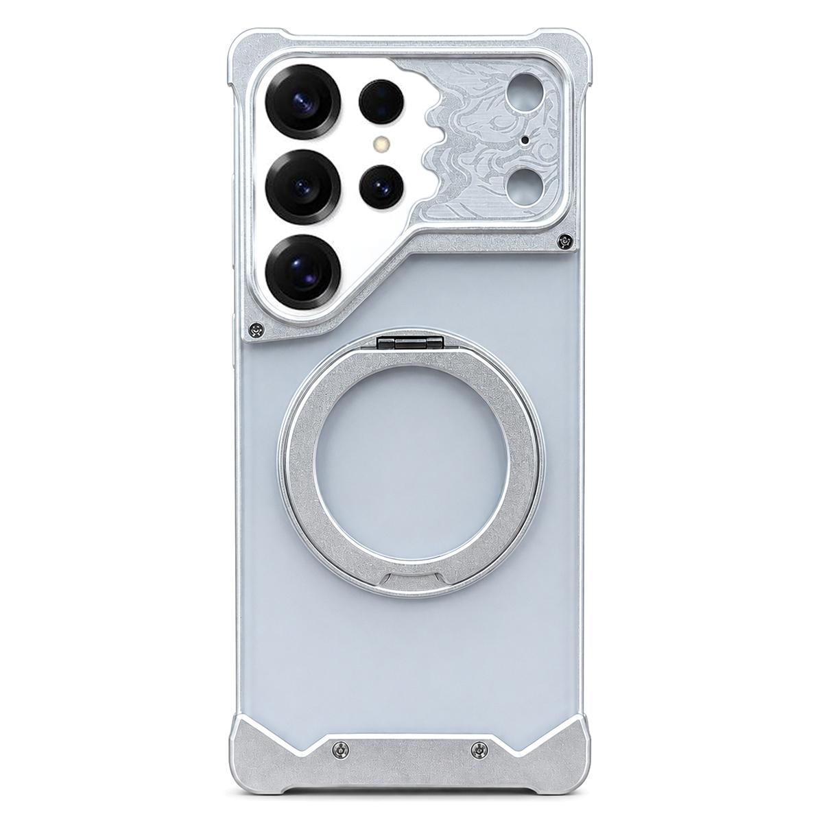 For Galaxy S25 Ultra 5G Horse-face Frosted PC 360 Holder Magnetic Phone Case - Silver - EDA009780502B