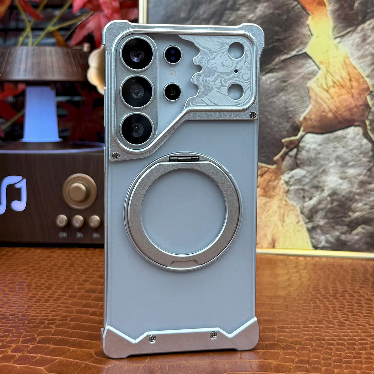For Galaxy S25 Ultra 5G Horse-face Frosted PC 360 Holder Magnetic Phone Case - Silver - EDA009780502B