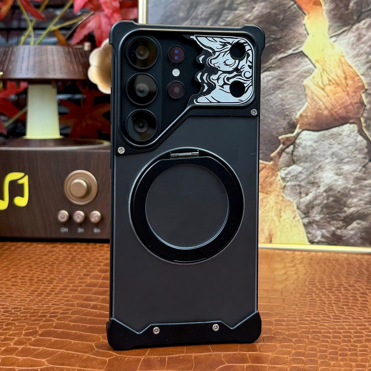 For Galaxy S25 Ultra 5G Horse-face Frosted PC 360 Holder Magnetic Phone Case - Black - EDA009780502C