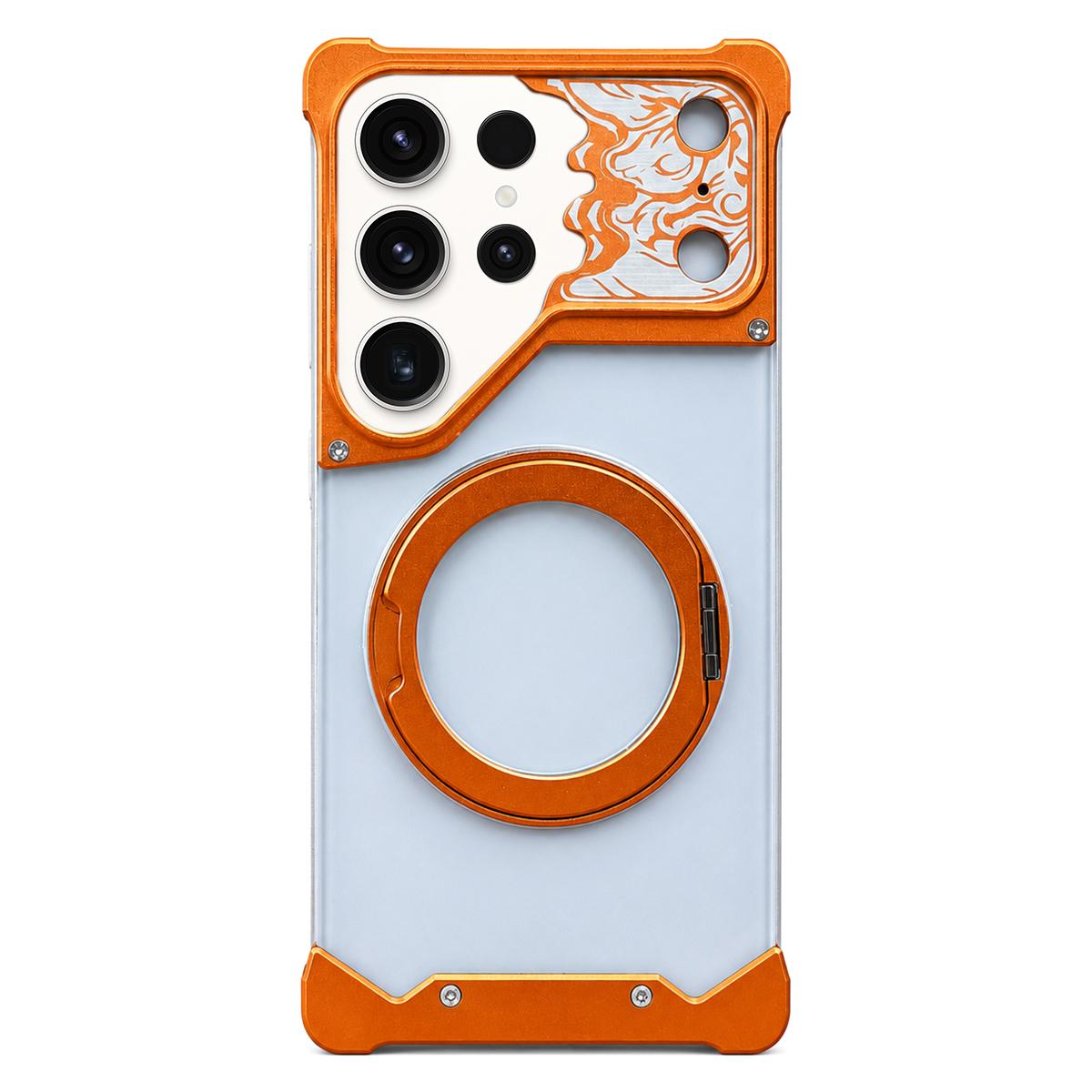 For Galaxy S23 Ultra 5G Horse-face Frosted PC 360 Holder Magnetic Phone Case - Orange - EDA009780504A