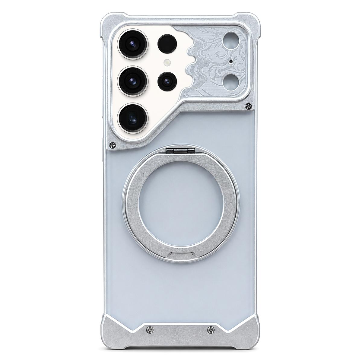 For Galaxy S23 Ultra 5G Horse-face Frosted PC 360 Holder Magnetic Phone Case - Silver - EDA009780504B