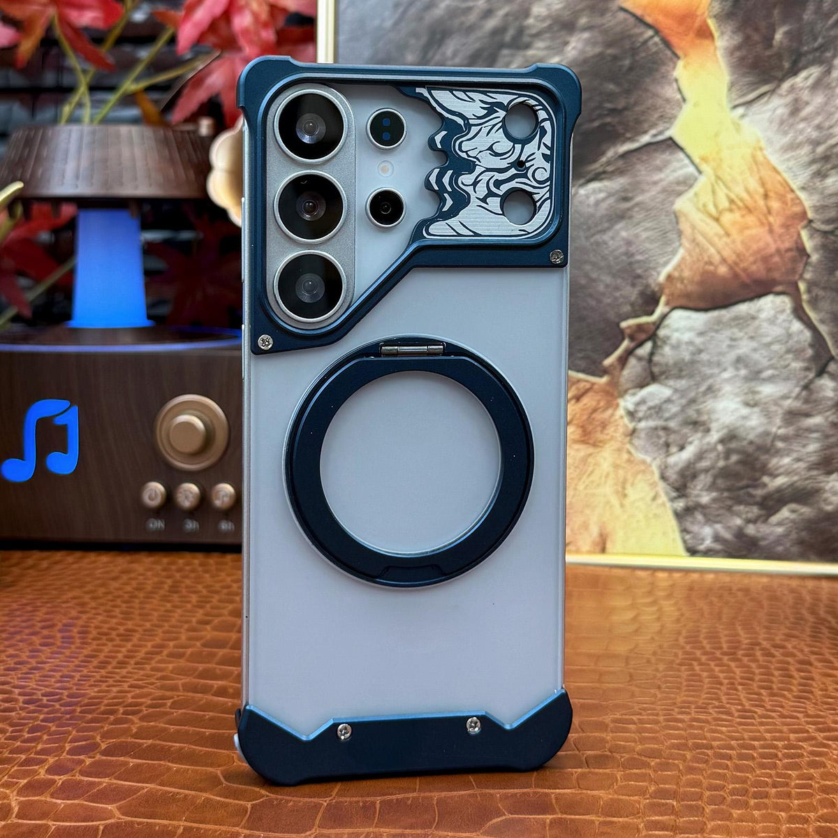 For Galaxy S23 Ultra 5G Horse-face Frosted PC 360 Holder Magnetic Phone Case - Titanium Blue - EDA009780504D