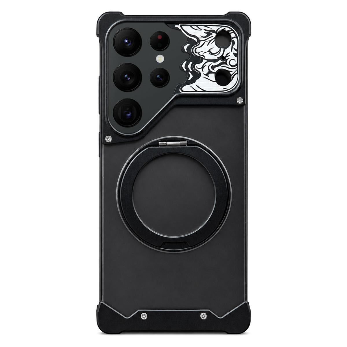 For Galaxy S22 Ultra 5G Horse-face Frosted PC 360 Holder Magnetic Phone Case - Black - EDA009780505C