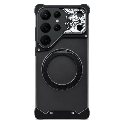 For Galaxy S22 Ultra 5G Horse-face Frosted PC 360 Holder Magnetic Phone Case - Black - EDA009780505C