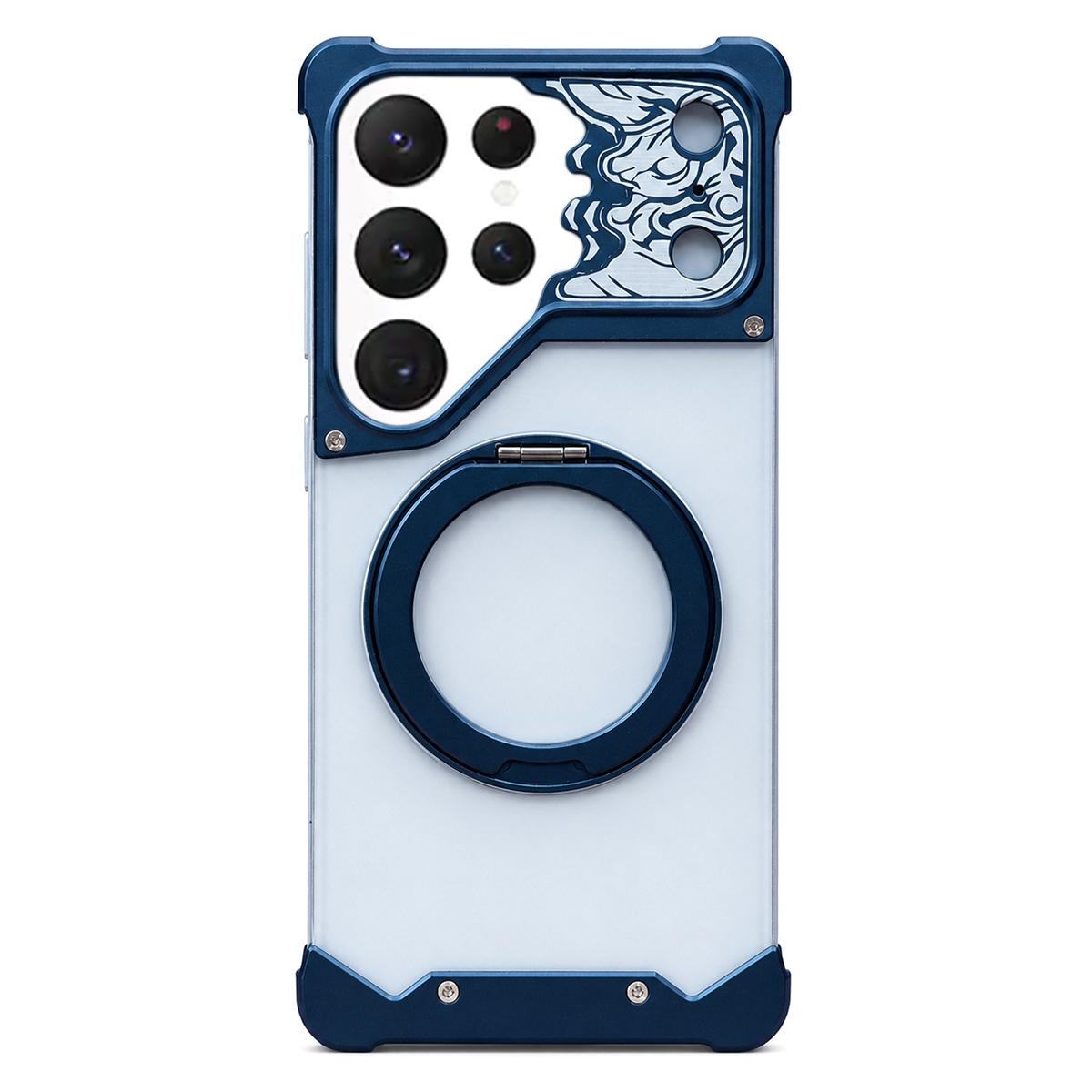 For Galaxy S22 Ultra 5G Horse-face Frosted PC 360 Holder Magnetic Phone Case - Titanium Blue - EDA009780505D