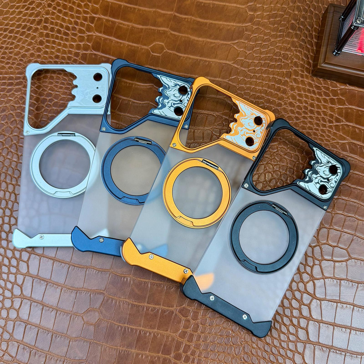 For Galaxy S22 Ultra 5G Horse-face Frosted PC 360 Holder Magnetic Phone Case - Silver - EDA009780505B