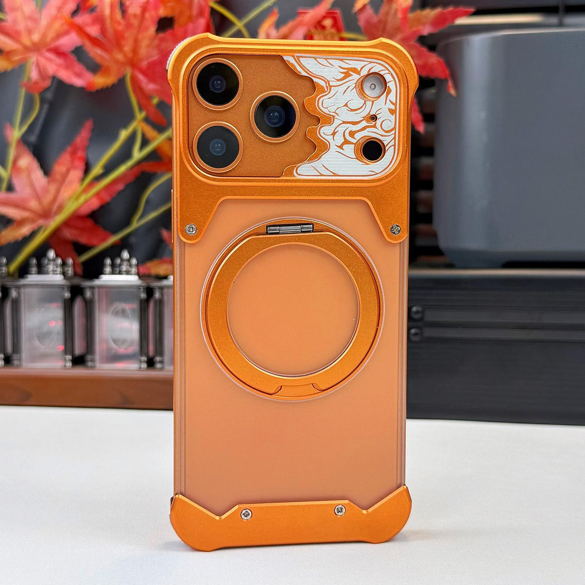 For iPhone 15 Pro Max Horse-face Frosted PC 360 Holder Magnetic Phone Case - Orange - EDA009782004A