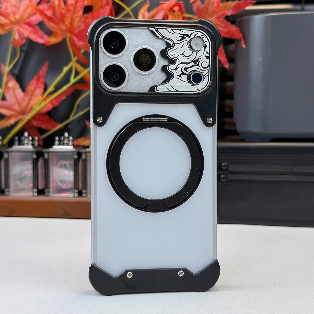 For iPhone 15 Pro Max Horse-face Frosted PC 360 Holder Magnetic Phone Case - Black - EDA009782004C
