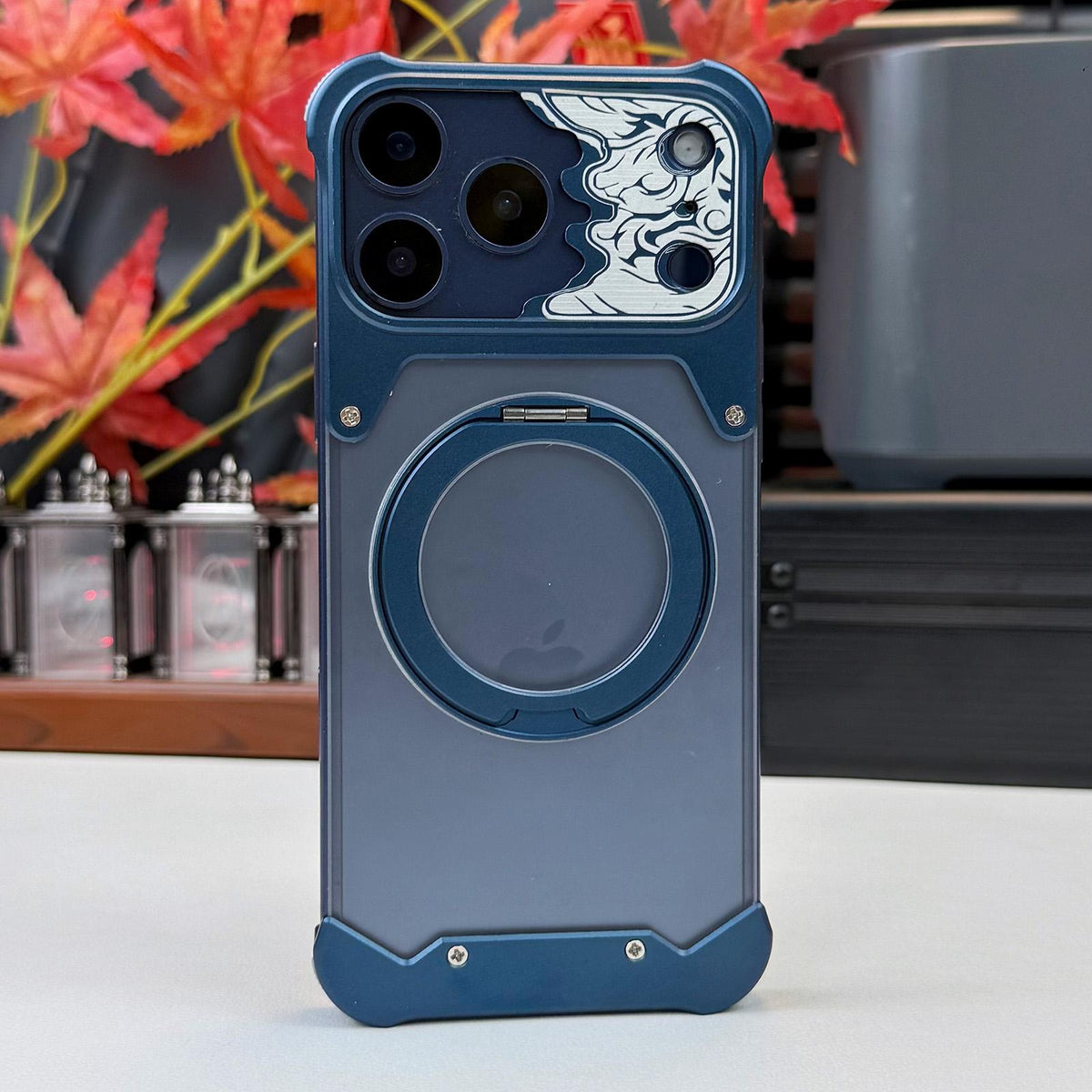 For iPhone 15 Pro Max Horse-face Frosted PC 360 Holder Magnetic Phone Case - Titanium Blue - EDA009782004D