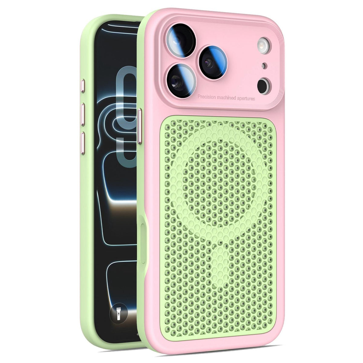 For iPhone 17 Pro Max Armor Shield Mesh Cooling Magnetic Phone Case with Lens Film - Pink - EDA009785201B