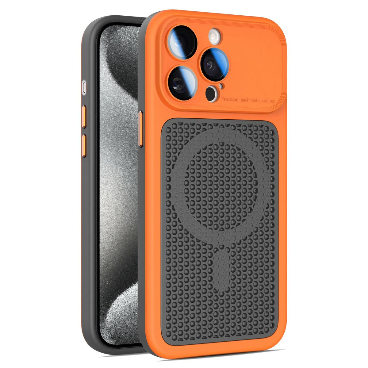 For iPhone 15 Pro Max Armor Shield Mesh Cooling Magnetic Phone Case with Lens Film - Orange - EDA009785208A