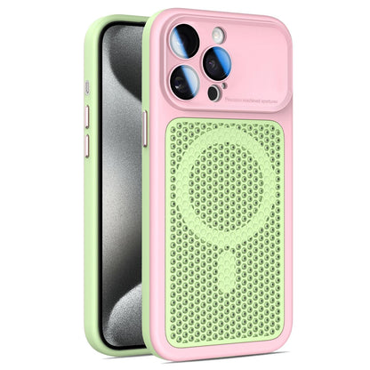 For iPhone 15 Pro Max Armor Shield Mesh Cooling Magnetic Phone Case with Lens Film - Pink - EDA009785208B