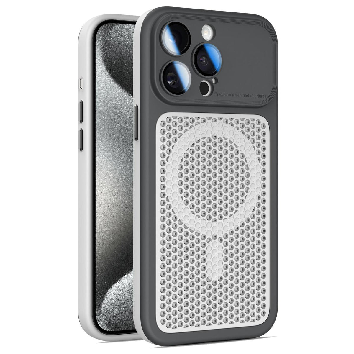 For iPhone 15 Pro Max Armor Shield Mesh Cooling Magnetic Phone Case with Lens Film - Black - EDA009785208C