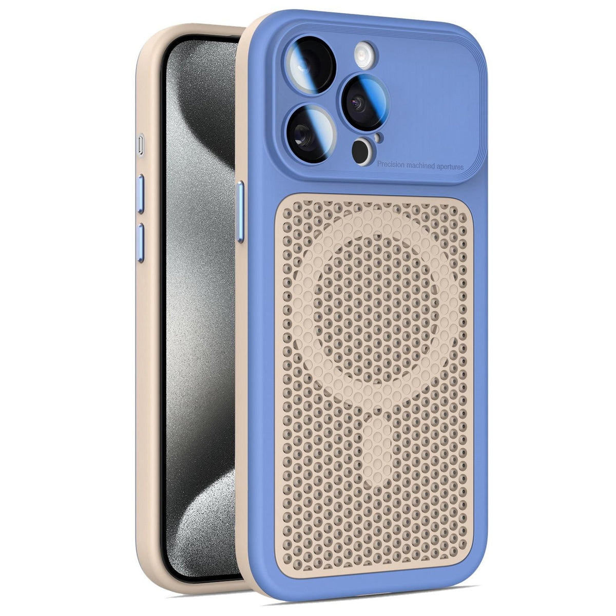 For iPhone 15 Pro Max Armor Shield Mesh Cooling Magnetic Phone Case with Lens Film - Blue - EDA009785208F