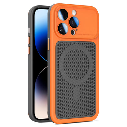For iPhone 14 Pro Max Armor Shield Mesh Cooling Magnetic Phone Case with Lens Film - Orange - EDA009785214A