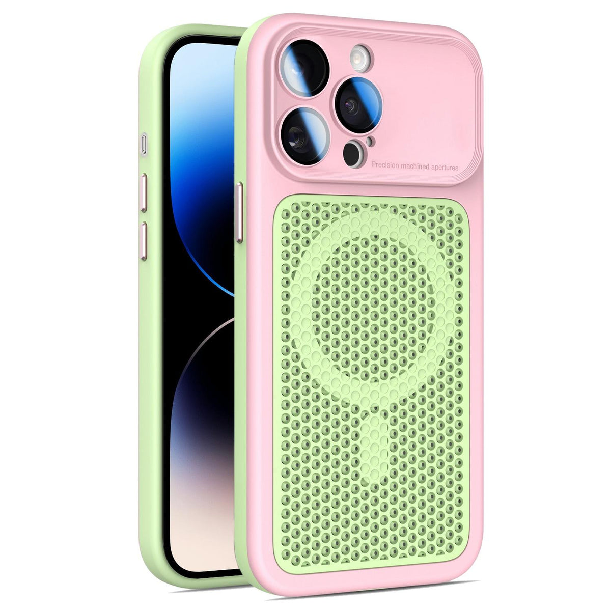 For iPhone 14 Pro Max Armor Shield Mesh Cooling Magnetic Phone Case with Lens Film - Pink - EDA009785214B