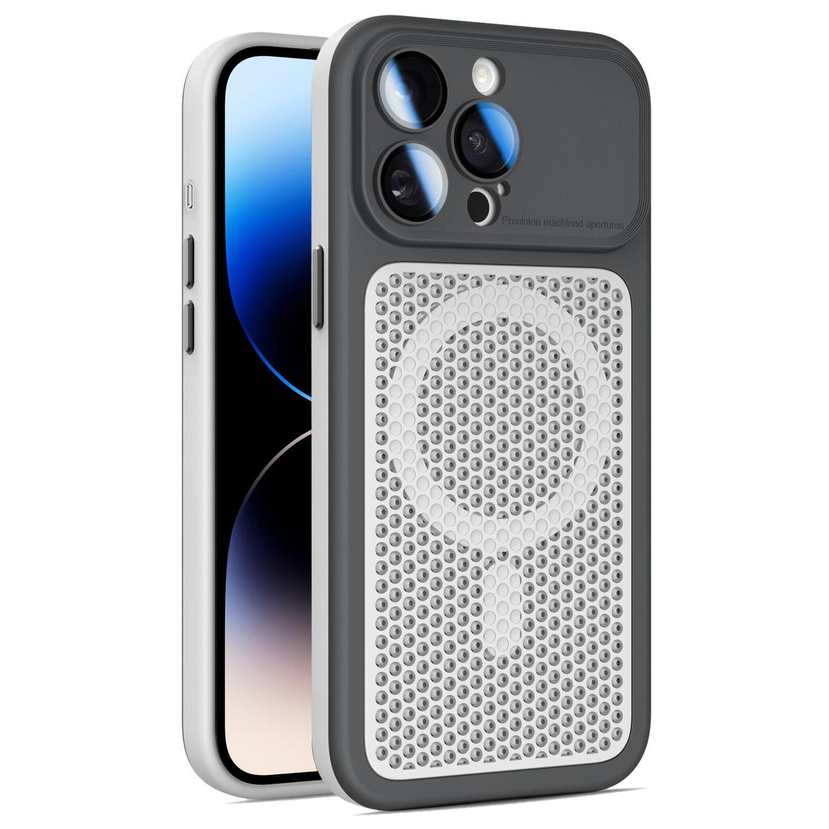 For iPhone 14 Pro Max Armor Shield Mesh Cooling Magnetic Phone Case with Lens Film - Black - EDA009785214C