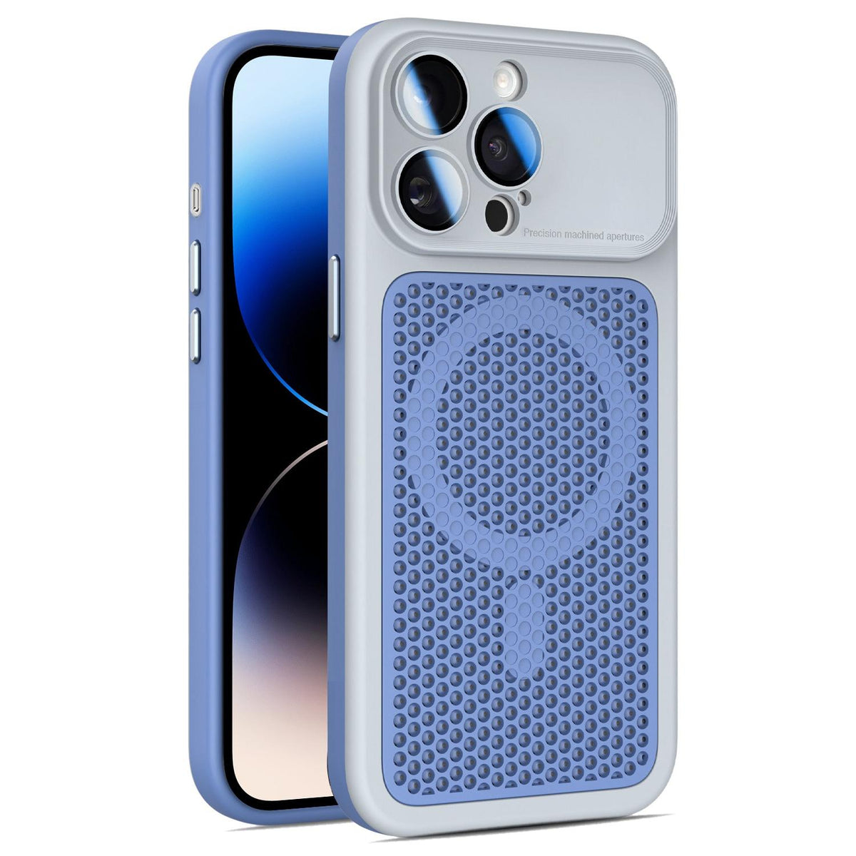For iPhone 14 Pro Max Armor Shield Mesh Cooling Magnetic Phone Case with Lens Film - Grey - EDA009785214D