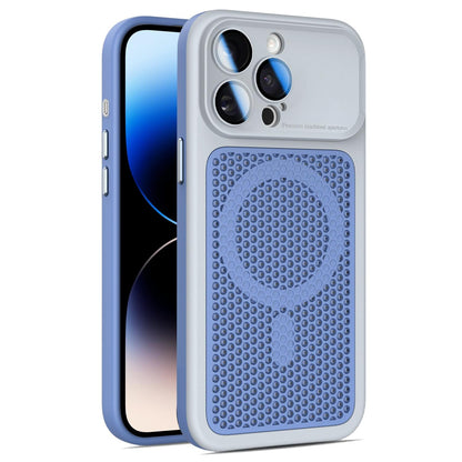 For iPhone 14 Pro Max Armor Shield Mesh Cooling Magnetic Phone Case with Lens Film - Grey - EDA009785214D