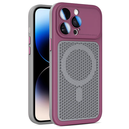 For iPhone 14 Pro Max Armor Shield Mesh Cooling Magnetic Phone Case with Lens Film - Wine Red - EDA009785214E