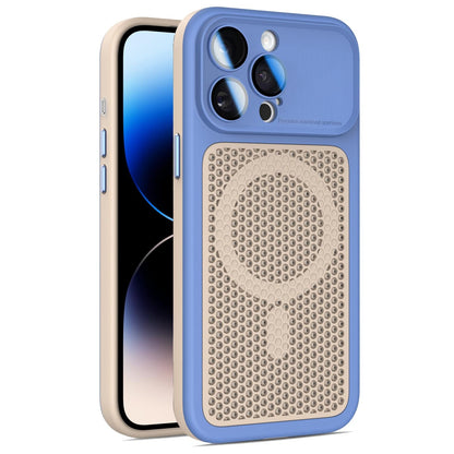 For iPhone 14 Pro Max Armor Shield Mesh Cooling Magnetic Phone Case with Lens Film - Blue - EDA009785214F